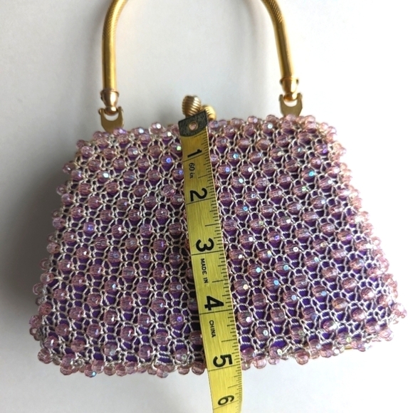 Bead Crochet Top Handle Kiss Lock Frame Bag Pink Purple Gold - Picture 9 of 11